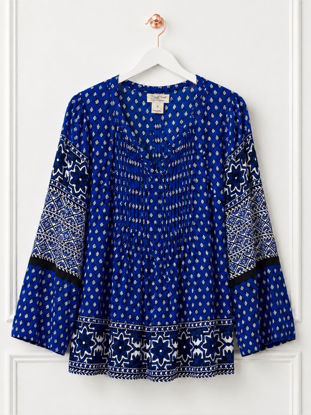 Lucky Womens Small Blue Floral Print Boho Peasant Blouse Flowy Relaxed Fit Top